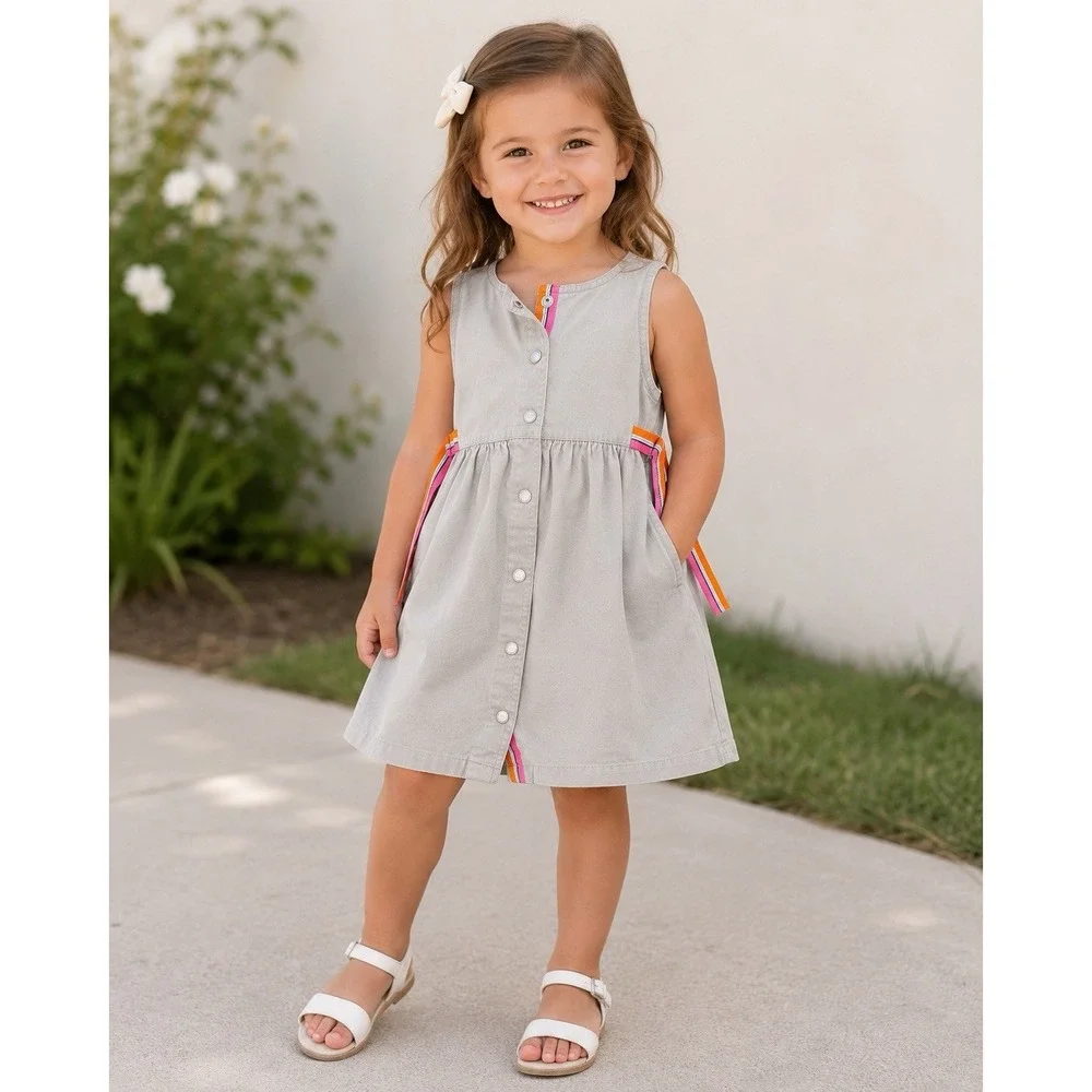 Ralph Lauren Girls Jumper Dress 4T Full Button Front Toddler Beige Cotton EUC!